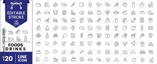 120 Editable Stroke Food and Drink Line Icons – Minimal Vector Set for Web & Mobile
