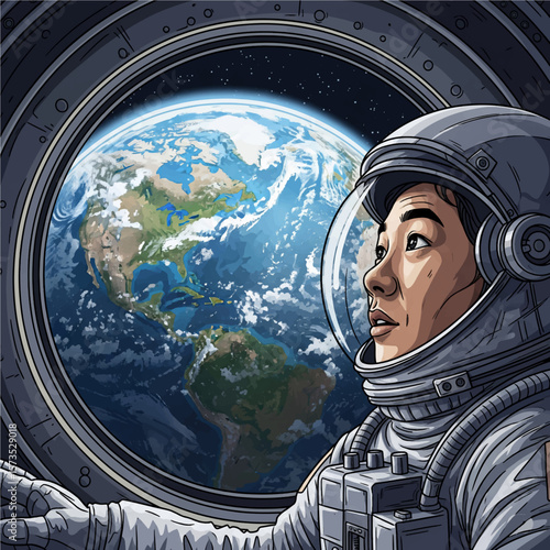 Fototapeta Naklejka Na Ścianę i Meble -  Astronaut Gazing at Earth from Space Station Window - Cosmic Dream