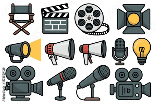 Collection of flat design icons representing filmmaking and broadcasting equipment