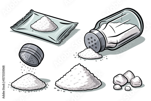 Collection of salt shakers and piles of salt in various forms and quantities