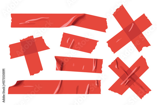 Collection of red adhesive tape pieces and crosses on a white background