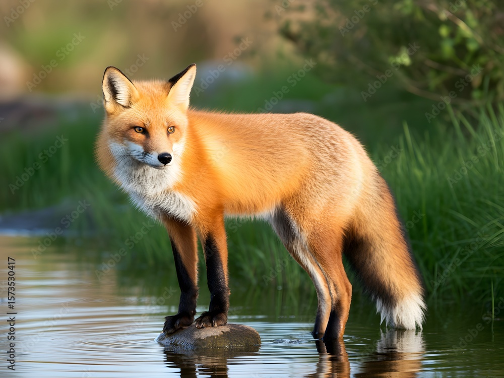 Fototapeta premium Majestic red fox stands gracefully on rock in calm water amidst lush greenery