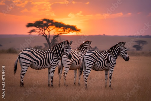 Majestic zebras standing in the golden light of sunset on the african savanna