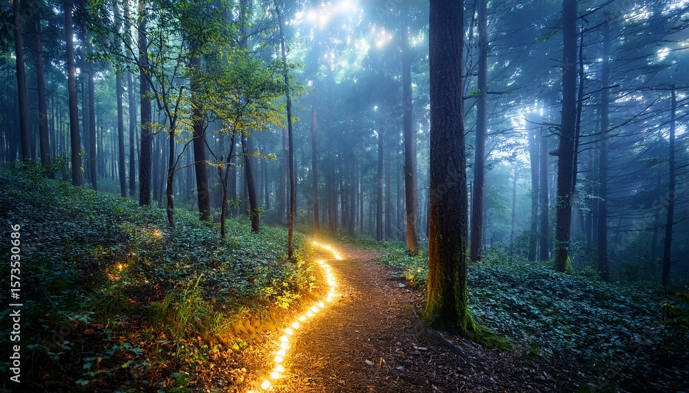 Obraz premium magic forest with glowing lights creating trails at night
