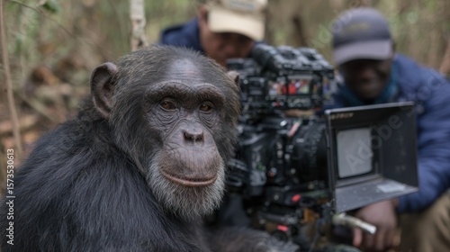 Chimpanzee portrait with film crew