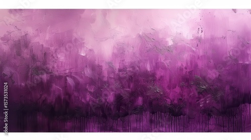 Abstract landscape; vertical brushstrokes blend purple and white creating light and shadow effect, with dripping paint