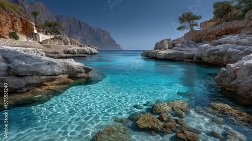 Limestone cliffs at cala llamp mallorca  scenic landscape image