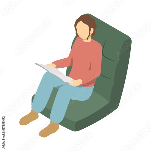 アイソメトリックイラスト：ソファで雑誌を読む女性