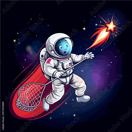 Astronaut Chasing a Star in Galaxy Cartoon Space Adventure
