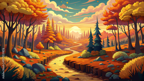 Beautiful autumn landscape vector, forest trees, golden meadows, winding path, warm sunset light, tranquil nature scene, fall colors, peaceful view, outdoor travel background, seasonal beauty