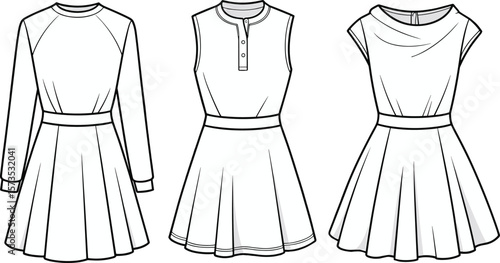 Collection of Women's Dresses CAD Drawings Flat Vector Illustrations: Long Sleeve, Sleeveless, and Cowl Neck Styles for Fashion Design