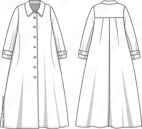 Classic Long Coat CAD Drawing Flat Vector Illustration with Button Front and Collar for Elegant Outerwear Fashion Design