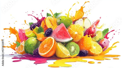 Colorful fruit pile with vibrant splashes