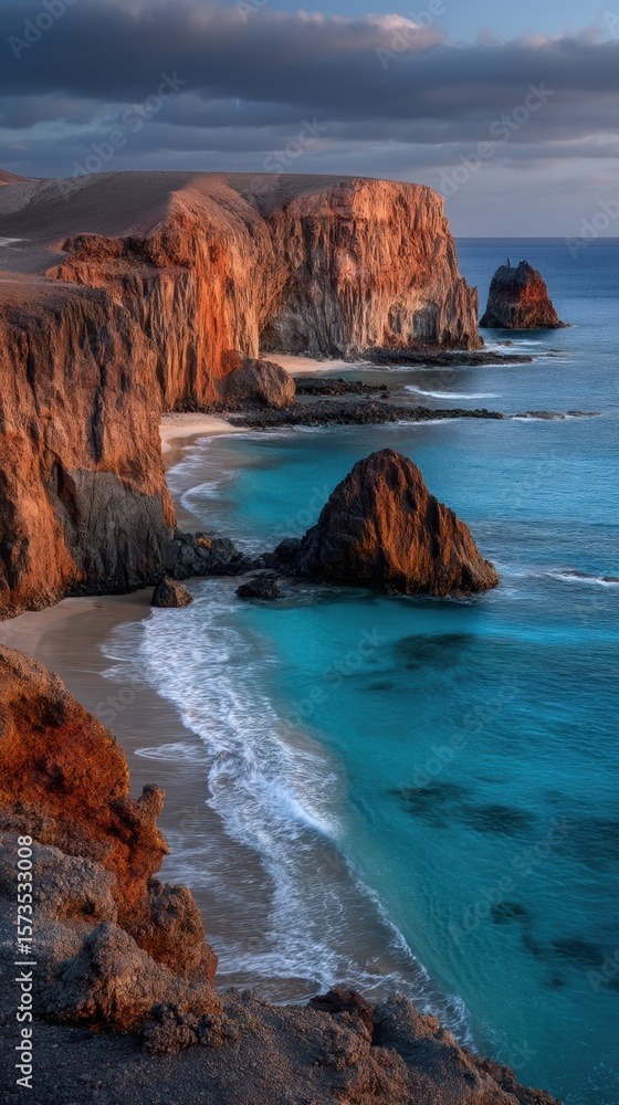 Obraz premium Dramatic sunset over playa de papagayo lanzarote beach scene
