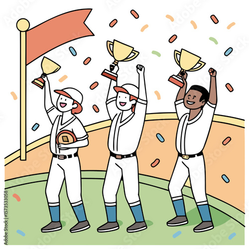 Baseball team celebrating victory with trophies and confetti