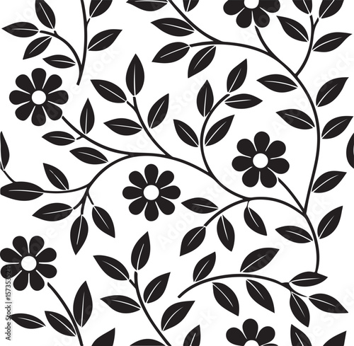 Elegant black and white floral pattern seamless design with decorative leaves and flowers