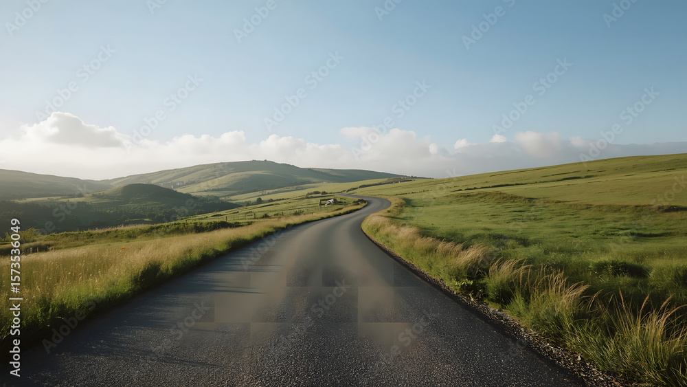 Fototapeta premium Winding road through a grassy landscape on a clear day.