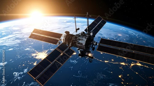 Satellite orbiting earth, data transmission and global positioning with network connection