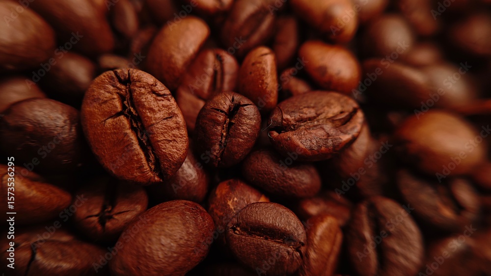 Naklejka premium Roasted Coffee Beans CloseUp Rich Aroma and Texture Detail.