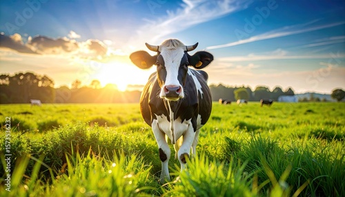 Cow in a grassy field at sunset