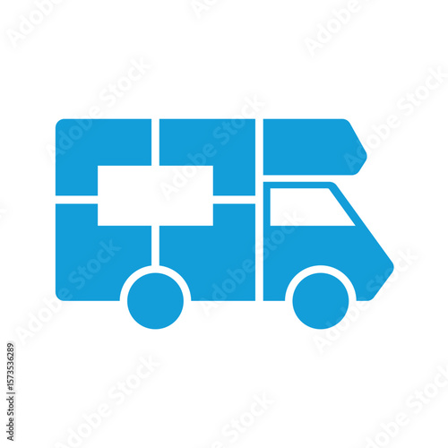 Blue Vector Icon sticker of the motorhome Vector monochrome illustration of a camper van icon isolated on white background