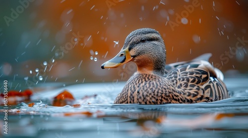 Duck swims peacefully on water, rain softly falls around. Autumnal colors highlight background