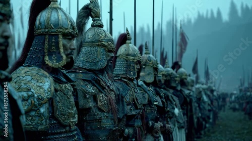 Rows of ancient chinese soldiers, clad in intricate armor and helmets, standing in formation on a misty battlefield, exuding readiness for the impending combat ahead