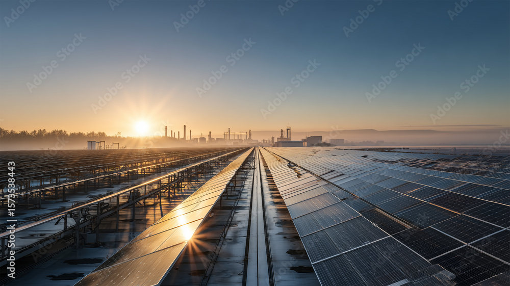 Fototapeta premium 朝日に照らされるソーラーパネルが並ぶ工場屋上風景