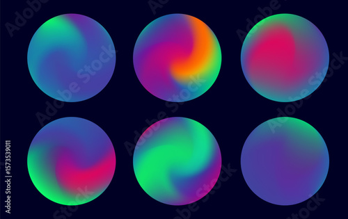 Vector illustration in a modern, abstract style features glowing spheres with neon gradients. Vivid orange, green, blue, purple, and pink swirl in soft circular shapes against a dark background.