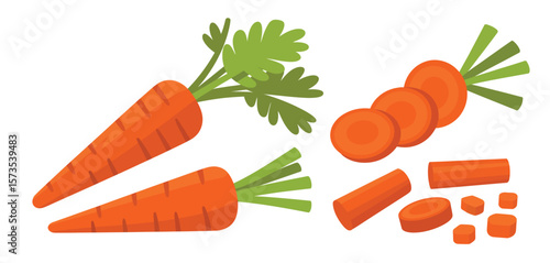 Whole and Sliced Carrots with Green Tops