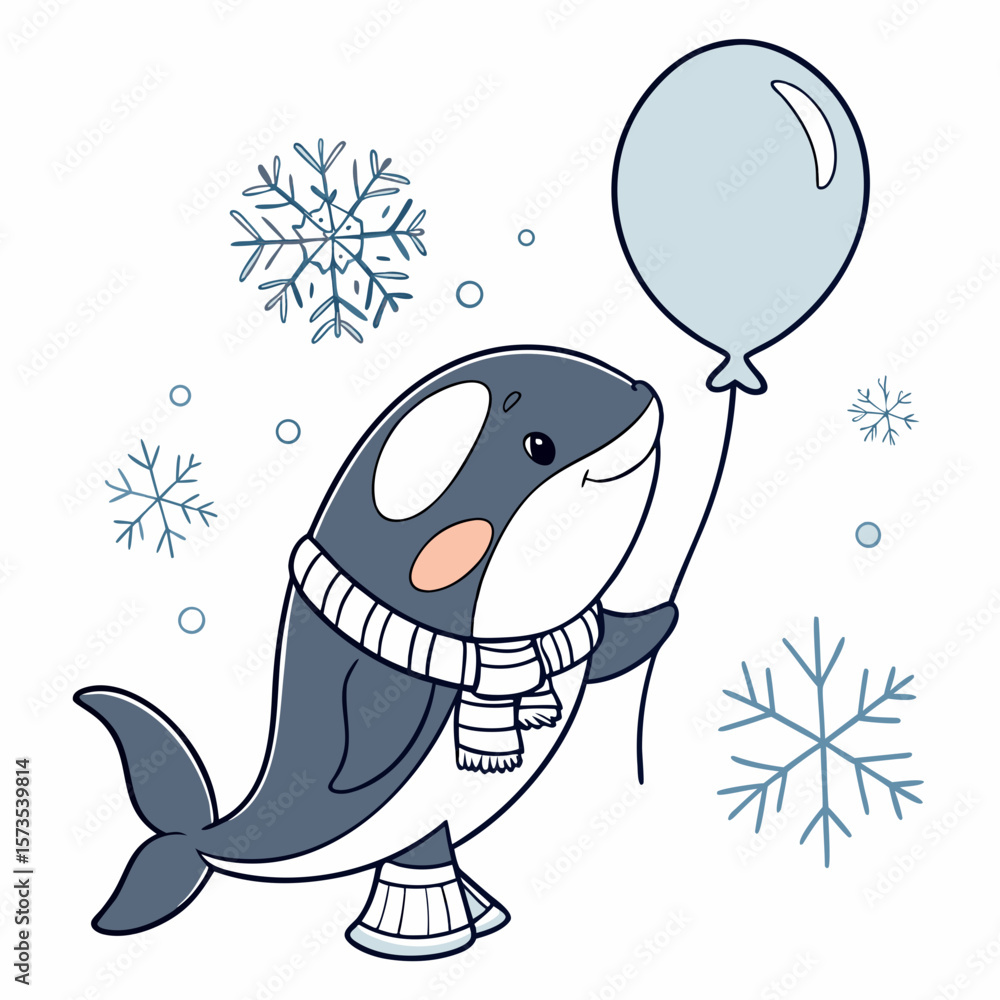 Naklejka premium Shy Orca with with a balloon, set in a charming Cozy winter theme – Frosty Winter color vector art