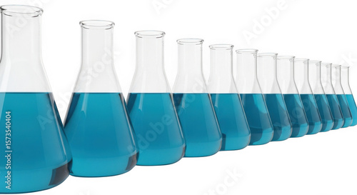 Barisan Botol Erlenmeyer Berisi Cairan Biru PNG Kualitas Tinggi Untuk Demonstrasi Sains