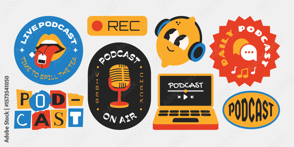 Naklejka premium Podcast element stickers, patchs, badges. Headphones, microphones, chat, recording on white background.