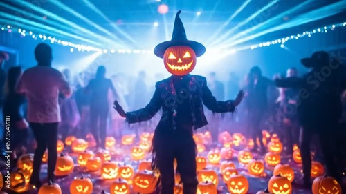 Spooky Halloween party with pumpkin head and energetic crowd under laser light