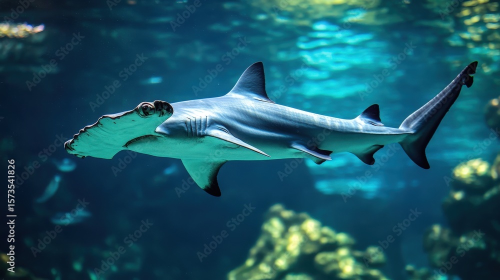 Naklejka premium Hammerhead shark swimming in an aquarium.