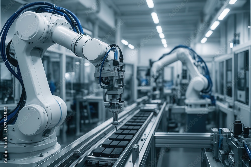 Robotic arms working on an assembly line in a smart factory Robotic arms working on an assembly line in a smart factory