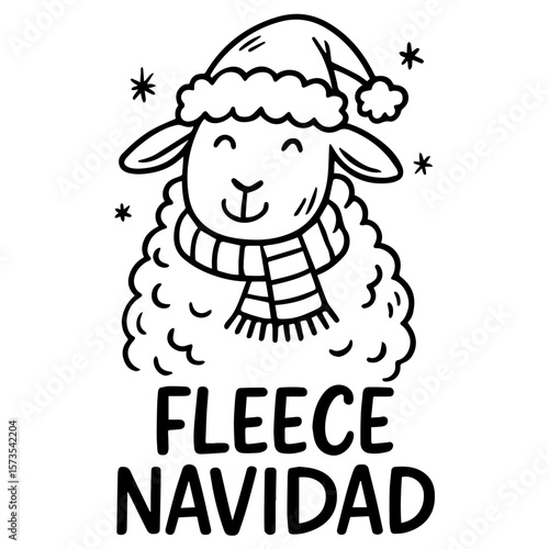 Cute Christmas sheep in Santa hat with pun text “Fleece Navidad”. Fun black and white vector illustration for the holidays.