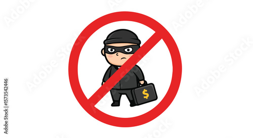 No Theft or Robbery Sign with Thief Character and Warning Icons

