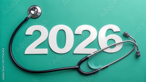 Stethoscope encircling number 2026 on green background symbolizing future healthcare trends, diagnostics, and medical advancement
