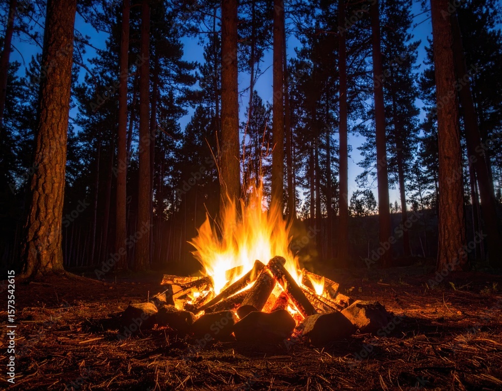 Campfire in a dark forest at twilight Campfire in a dark forest at twilight