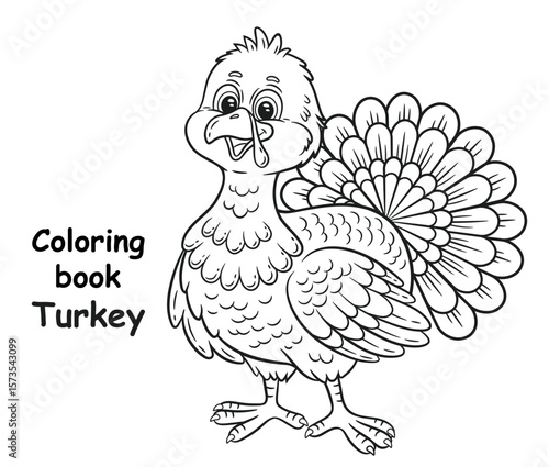 Cute turkey farm bird animal character, children coloring book page. Thanksgiving day holiday symbol. Funny domestic feather poultry. Kid education game. Outline colouring painting worksheet vector
