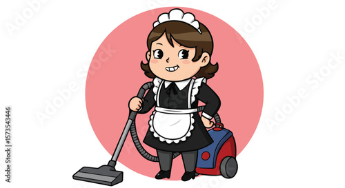 Cute Cartoon Maid Character with Vacuum Cleaner in Pink Circle Background