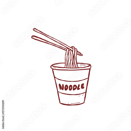 Hand drawn instant noodle cup with chopstick doodle illustration