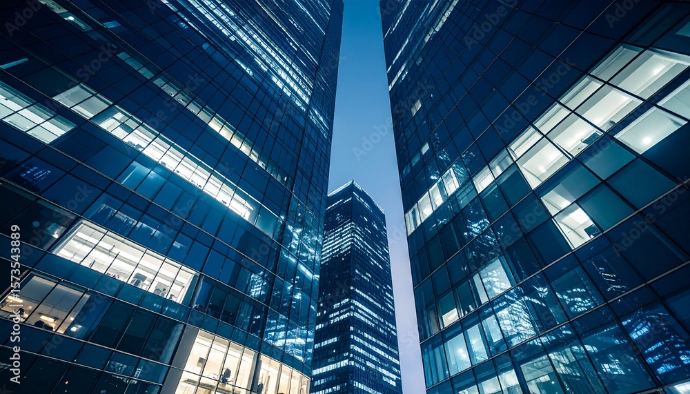 Fototapeta premium Corporate business background of modern glass skyscrapers at night. Low angle view of illuminated office windows in a financial district, symbolizing success, power, and technology.