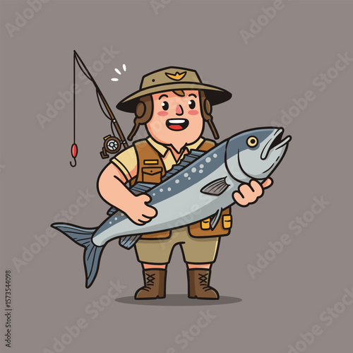 A cartoon fisherman with a vest and hat proudly holds a spotted blue fish, with a red lure hanging from his fishing rod behind him.