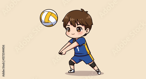 Cute Cartoon Volleyball Player Boy Character in Blue Uniform Holding Ball