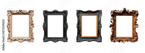 Set of four ornate vintage picture frames in baroque and rococo styles with carved detailing isolated on transparent background for interior decor or art mockups