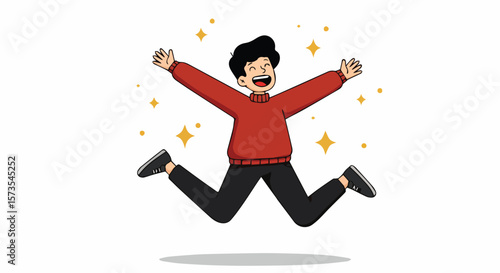 Happy Young Man Jumping with Joy and Sparkles

