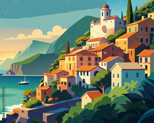 colorful illustration of a charming Italian coastal town with houses perched on the seaside cliff