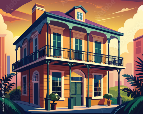 colorful illustration of a charming New Orleans French Quarter home